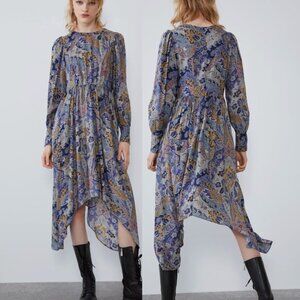 ZARA Aztec Southwestern Woven Print Asymmetric Hem Dress Blue 8265/457 NWT L